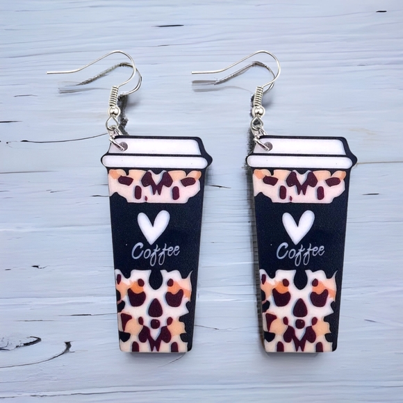 Leopard Coffee Heart Cup Earrings - Picture 5 of 11